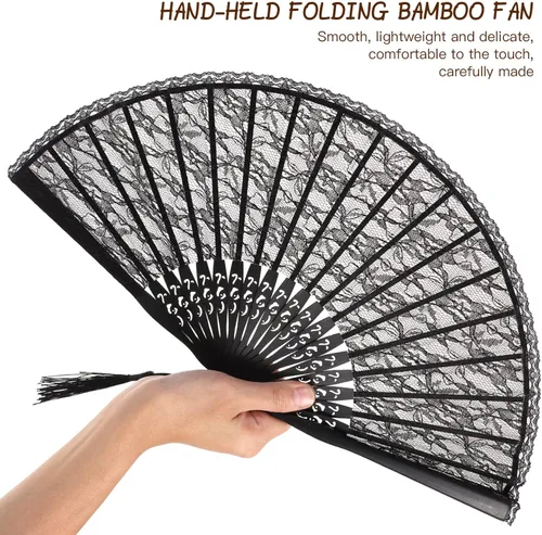 Vista 5 de Lurrose Abanico de mano de encaje elegante negro plegable bordado a mano patrón de flores para bodas, fiestas y eventos de disfraces desplegados