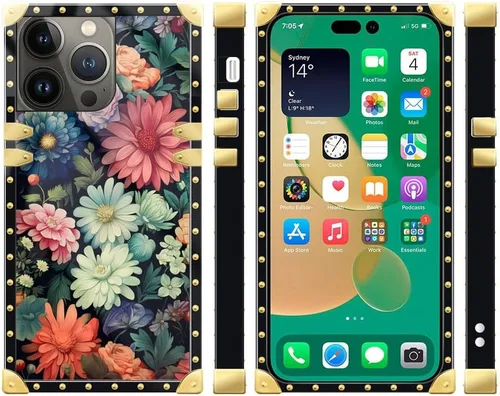 Vista 5 de DAIZAG Funda compatible con iPhone 14 Pro Max, diseño de flores brillantes, decoración de metal de lujo, TPU suave, a prueba de golpes, para iPhone