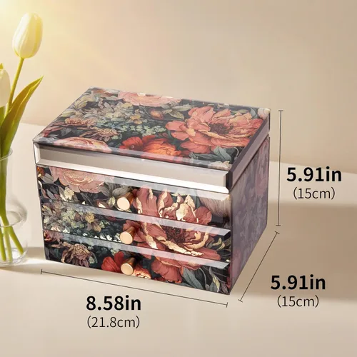 Vista 4 de Joyero de cristal con patrón floral, organizador de joyas de 3 niveles para mujeres y niñas, cajas decorativas de regalo de joyería, organizador