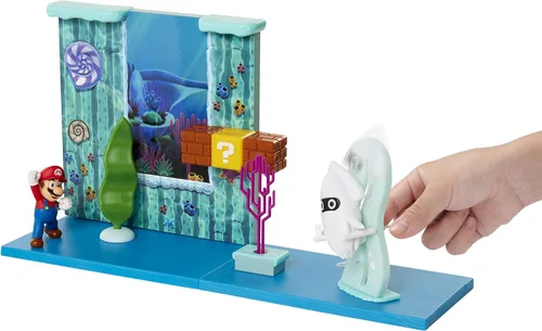 Vista 2 de Super Mario Juego submarino con pieza ambiental interactiva, figura articulada de Mario de 2.5 pulgadas y figura de calamar Blooper. Colecciona