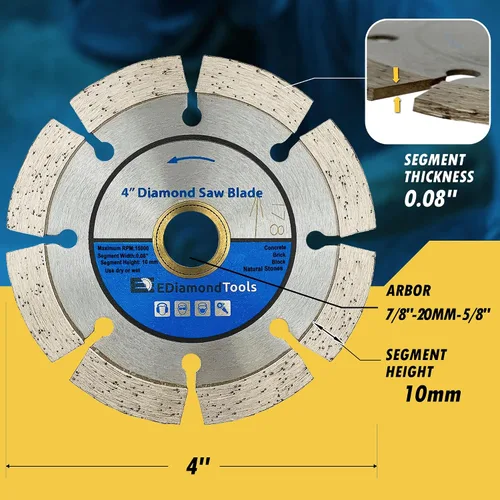 Vista 3 de Hoja de sierra segmentada de diamante de 4" para hormigón, ladrillo, bloque y mampostería Altura del segmento de 0.394 in, eje de 7/8"-5/8", grano