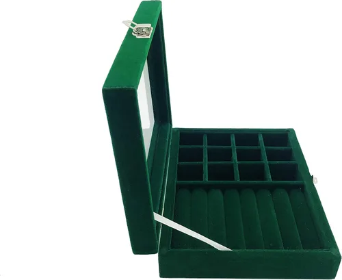 Vista 3 de Joyero organizador, caja de almacenamiento de joyería con tapa de vidrio transparente, caja de anillo de joyería de vidrio de terciopelo, estuche