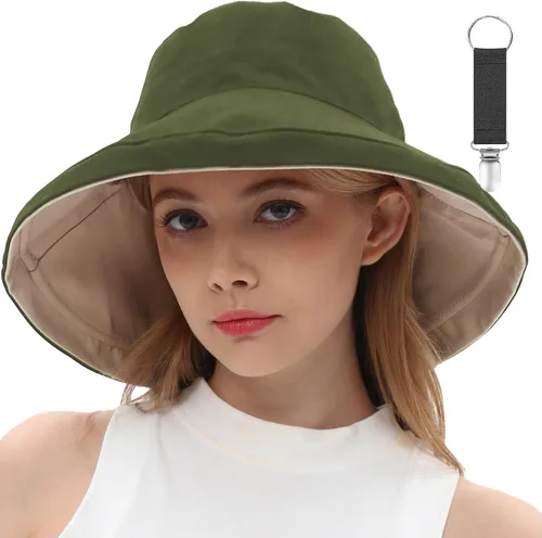 Vista 14 de vidsel Sombreros de sol para mujer, de ala ancha, reversible, de algodón, plegable, de verano, con clip para sombrero, protección UV Beige