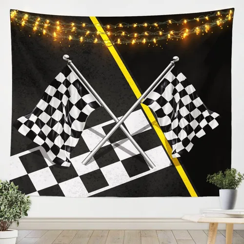 Vista 6 de Manfei Tapiz de coche de carreras, tapiz de pared para automóvil deportivo, bandera a cuadros negros y blancos para colgar en la pared, decoración