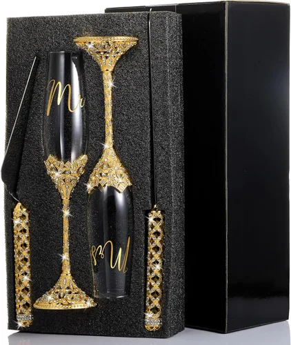Vista 3 de Sratte - Juego de 4 cuchillos para pastel de boda y copas de champán, color dorado Toasting Crystal Rhinestone Champagne Flutes, Glasses Cake