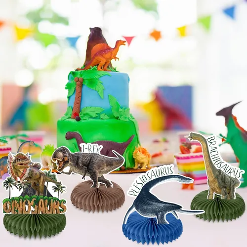 Vista 6 de Aoriher 14 piezas de centro de mesa de dinosaurio con forma de panal de abeja, decoraciones de fiesta de cumpleaños de dinosaurio, decoración