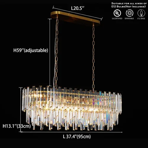 Vista 3 de L37.4 '' Candelabros de cristal modernos para comedor 11 luces de lujo rectangular de lujo dorado ovalado cristal colgante lámpara de techo