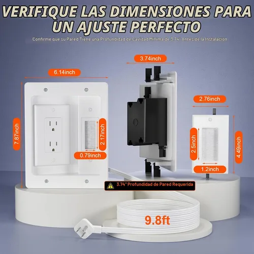 Vista 2 de Kit de organización de cables de pared, kit de pared para ocultar cables de TV con placa de pared de cepillo y cable de 9.8 pies, 2 salidas de CA