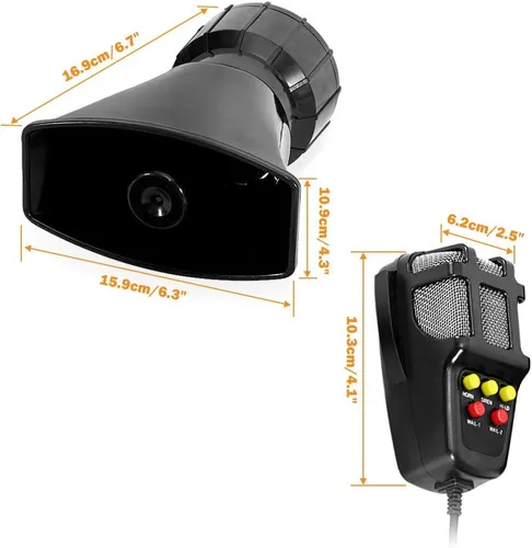 Vista 2 de Altavoz de sirena de coche 100 W 12 V 5 tonos sonido micrófono sistema PA amplificador de sonido de emergencia.