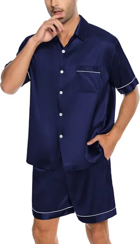 Vista 2 de SWOMOG Men Silk Satin Pajamas Short Sleeve Pjs Set Button Down Sleepwear Soft Lounge Set Nightwear with Pockets