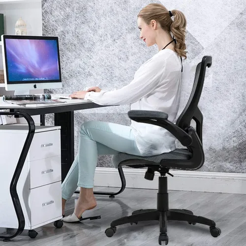 Vista 2 de Silla de oficina de malla, silla de computadora de respaldo medio con soporte lumbar y brazos abatibles, ergonómica, elegante, ajustable, giratoria