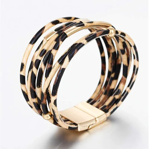 Vista 5 de Fesciory Pulsera de leopardo para mujer, pulsera de cuero bohemio multicapa con perlas de cristal