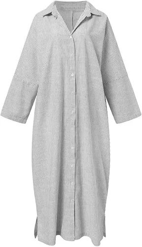 Vista 2 de chouyatou - Vestido camisero largo para mujer, informal, de manga larga, con botones y rayas, holgado, de algodón