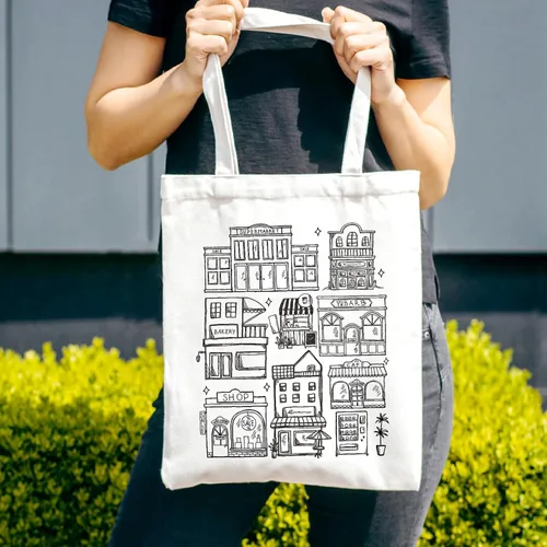 Vista 2 de Bolsa de lona minimalista de algodón reutilizable para mujer, diseño de arte estético, Edificio, Talla única