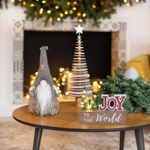 Vista 6 de Decoración de Navidad para el Hogar, JOY para El Mundo Letrero de Mesa de Navidad de Madera con Árboles LED, Estante Rústico, Chimenea, Decoración