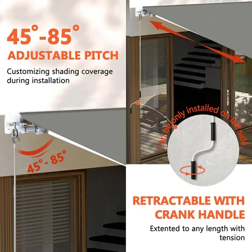 Vista 5 de VEIKOU Toldo retráctil de 10 x 8 pies, toldos para patio con toldo ajustable, toldo manual, toldo para ventana, refugio para puerta con marco de Gris