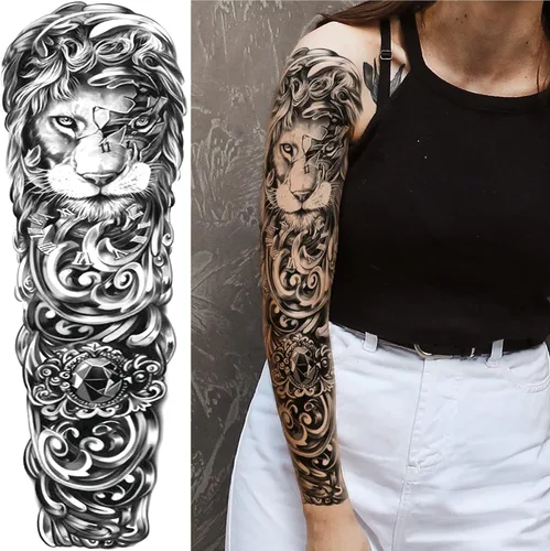 Vista 3 de Tatuajes de manga temporal de bosque para piernas de mujer, brazo completo, grande, leopardo, serpiente, león, lobo, tribal, manga de tatuaje falso