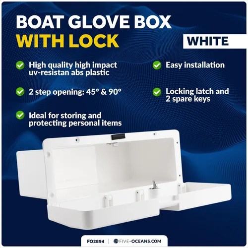 Vista 2 de Five Oceans Boat Glove Box, Lockable with 2 Keys, High-Impact and UV-Resistant White ABS Palstic