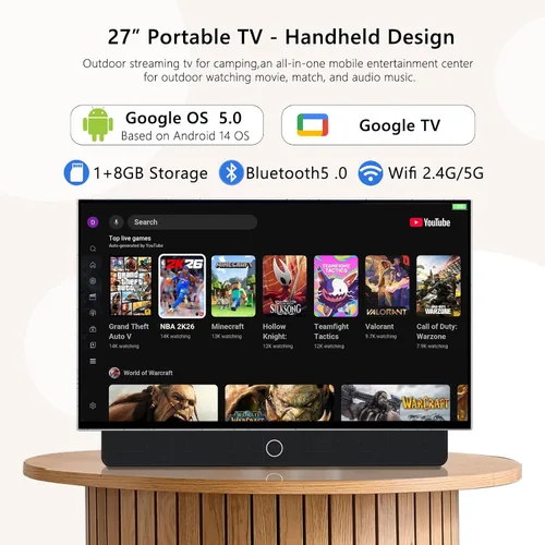 Vista 3 de TV portátil de 27 pulgadas FHD 1080P Android14 OS con Google TV, batería de 9000 mAh, Dolby Audio, 100% sRGB, asistente de Google, mango de cuero