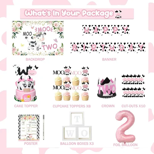 Vista 8 de Moo Moo Im Two Decoraciones de Cumpleaños para Niña, Decoraciones de 2do Cumpleaños para Niña, Telón de Fondo con Tema de Vaca, Pancarta de Globos