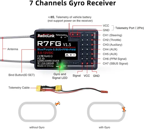 Vista 4 de Radiolink R7FG - Receptor de giroscopio de 7 canales, 2.4 GHz, telemetría integrada, control de largo alcance para RC coche, barco, transmisor