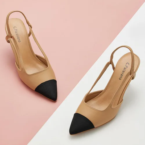 Vista 2 de C.Paravano Zapatos planos de cuero con talón descubierto para mujer Zapatos planos con puntera puntiaguda Sandalias de tacón cómodo Zapatos