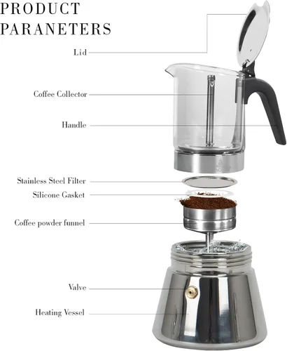 Vista 3 de LAOION Cafetera de café expreso, 3 tazas de 5.4 fl oz, cafetera de cristal y acero inoxidable, cafetera moca, cafetera Greca de Café, cafetera