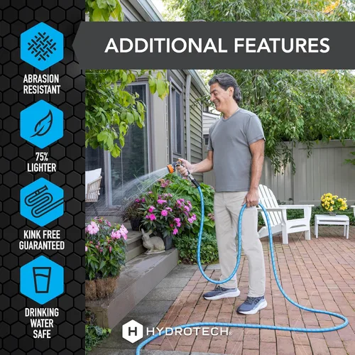 Vista 8 de HydroTech Manguera de jardín expandible de 25 pies - Serie Pro, flujo máximo 2x, flexibilidad sin dobleces de 3/4", manguera ligera para césped