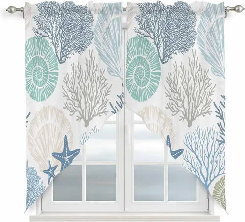 Vista 31 de Cenefa de amarre para ventanas, cortinas náuticas costeras de coral, cenefas con bolsillo para barra, cortinas de ventana con temática de playa