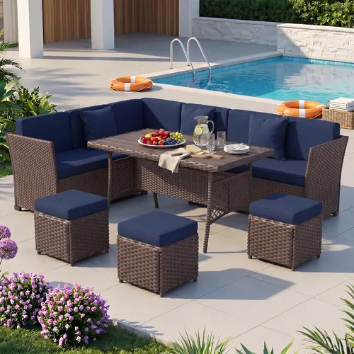 Vista 8 de Juego de muebles de patio, 7 piezas, juego de comedor al aire libre, juego de conversación de ratán para todo tipo de clima, sofá modular de comedor