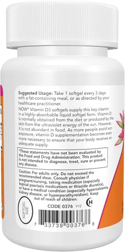 Vista 3 de NOW Foods Suplementos, Vitamina D-3 10,000 UI, Máxima Potencia, Apoyo Estructural*, 120 cápsulas blandas