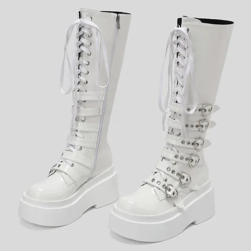 Vista 36 de Parisuit Botas góticas altas hasta la rodilla con hebilla de plataforma para mujer, tacón alto grueso, con cordones, botas de combate punk, con Negro