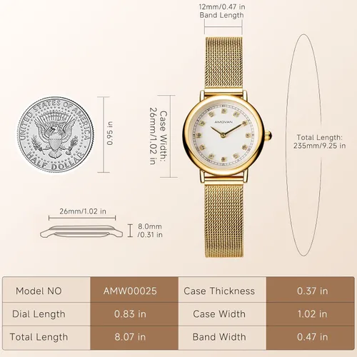 Vista 2 de Reloj dorado para mujer con pequeña banda de malla de acero inoxidable, minimalista de dos manecillas, esfera romana de caja redonda, herramienta