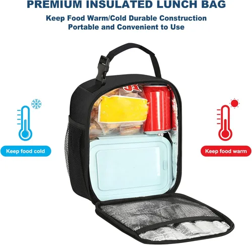 Vista 5 de Femuar Lonchera para hombres, mujeres y adultos, lonchera pequeña para el trabajo, picnic, bolsa de almuerzo reutilizable, bolsa de almuerzo Negro