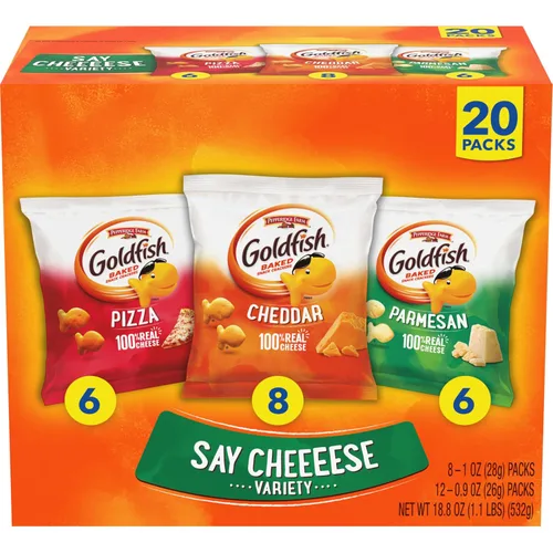 Vista 20 de Goldfish Crackers Say Cheeeese - Paquete variado con queso cheddar, pizza y parmesano, paquetes de aperitivos, 20 unidades (paquete de 2)