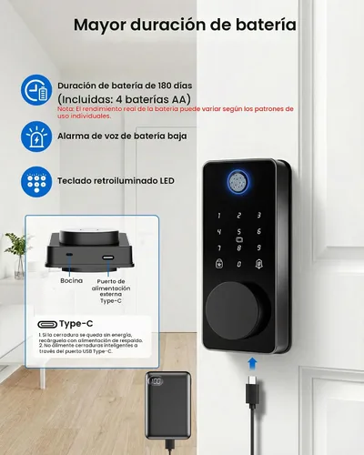 Vista 8 de Cerradura de puerta de entrada sin llave, cerradura inteligente del cerrojo 2-Negro mate