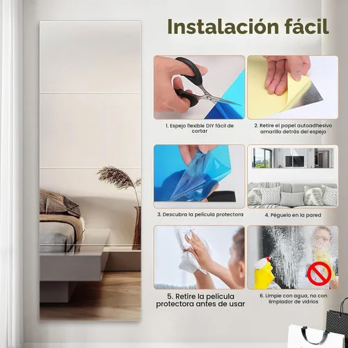 Vista 6 de Hojas de espejo flexibles de acrílico de 8 x 6 pulgadas, paquete de 10 azulejos de espejo autoadhesivos cuadrados cortables para pared, calcomanías