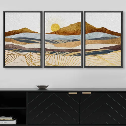 Vista 3 de wall26 Lienzo Enmarcado Impreso Arte de Pared Conjunto Onda Dorada Geométrica Cordillera Naturaleza Vida Silvestre Ilustraciones Arte Moderno