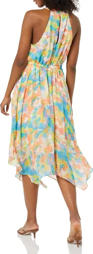 Vista 2 de BCBGeneration Vestido midi ajustado y acampanado con cuello halter elástico y dobladillo asimétrico
