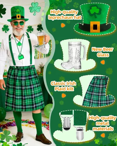 Vista 3 de 8 Pcs St Patricks Day Leprechaun Costumes, Irish Masquerade Party Outfit for Men Women