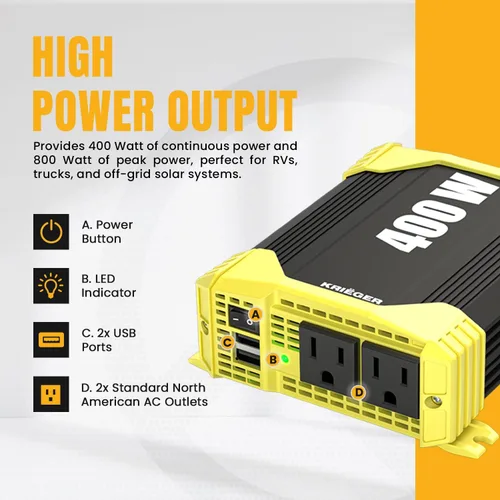 Vista 2 de K KRIËGER - Inversor de corriente de 400 vatios, 12V CC a 110V CA para vehículos, con 2 salidas, puertos USB, enchufe para encendedor de cigarrillos