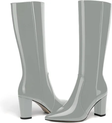 Vista 55 de AMBELIGHT Botas altas hasta la rodilla con cremallera y puntera puntiaguda para mujer, de patente sólida, tacón alto, 3.3 pulgadas