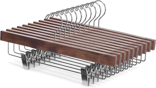 Vista 9 de Nature Smile Perchas de madera de loto maciza de lujo para pantalones, colgador inferior para jeans, falda con 2 clips ajustables, gancho Natural