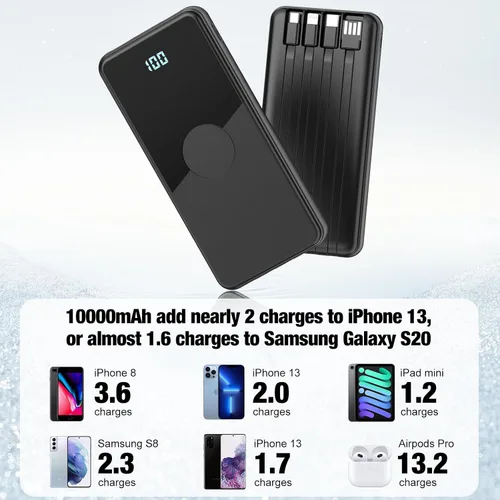 Vista 7 de Cargador portátil con cables integrados, batería de alta velocidad de 10000 mAh, paquete de batería de viaje, 5 salidas, 3 entradas, cargador