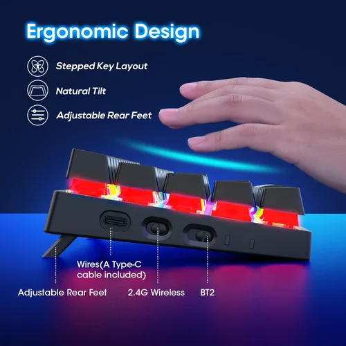 Vista 13 de Pauroty 60% Teclado mecánico inalámbrico, teclado de juego de triple modo 2.4G/USB-C/Bluetooth, retroiluminación RGB, interruptor azul clicky