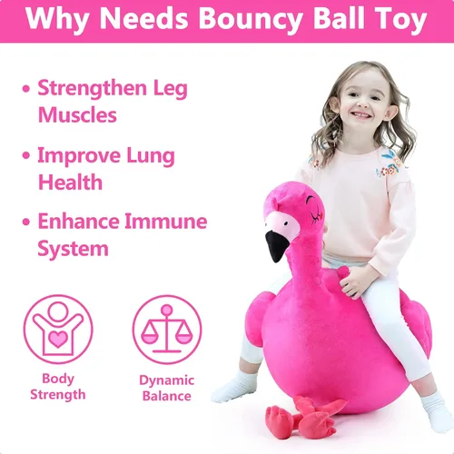 Vista 2 de iPlay, iLearn Bouncy Pals - Pelota inflable de flamenco para niños, juguetes inflables para saltar de animales que rebotan, gorila de felpa rosa