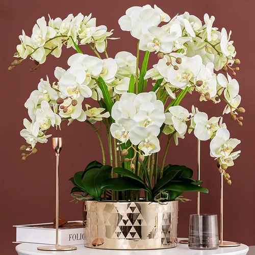 Vista 5 de FagusHome 6 piezas de flores artificiales de Phalaenopsis con 2 paquetes de hojas, flores artificiales de orquídea para decoración del hogar