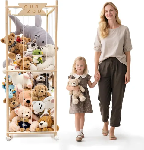 Vista 12 de Zoológico de almacenamiento de animales de peluche con ruedas, soporte de madera grande para animales de peluche, organizador de juguetes