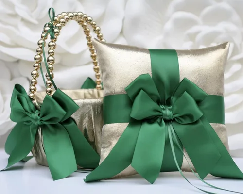 Vista 4 de Una cesta de niña de las flores solamente, cesta de boda con mango de perlas, cesta dorada y verde