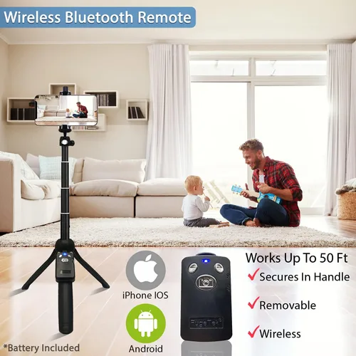 Vista 5 de Fugetek Palo selfie compacto de 42 pulgadas y trípode, extensible, control remoto inalámbrico Bluetooth, aluminio ligero, listo para viajar